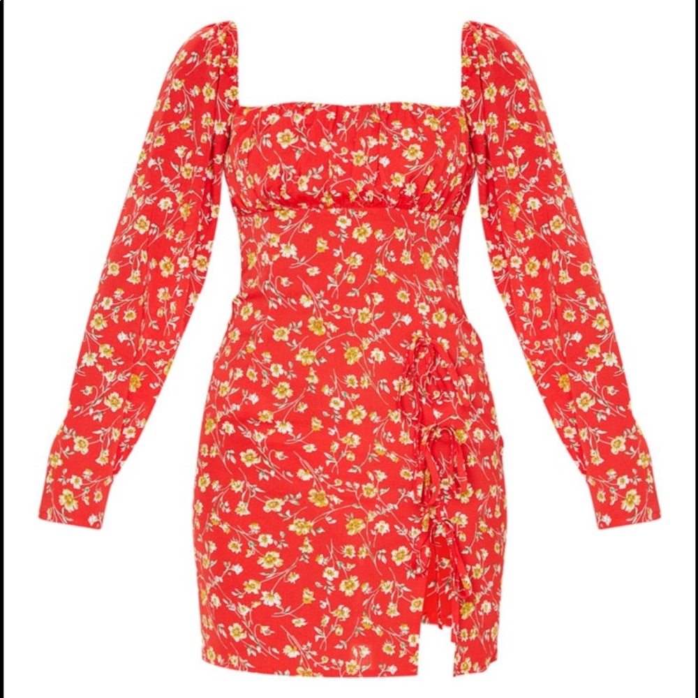 Red Floral Side Split Dress NWOT